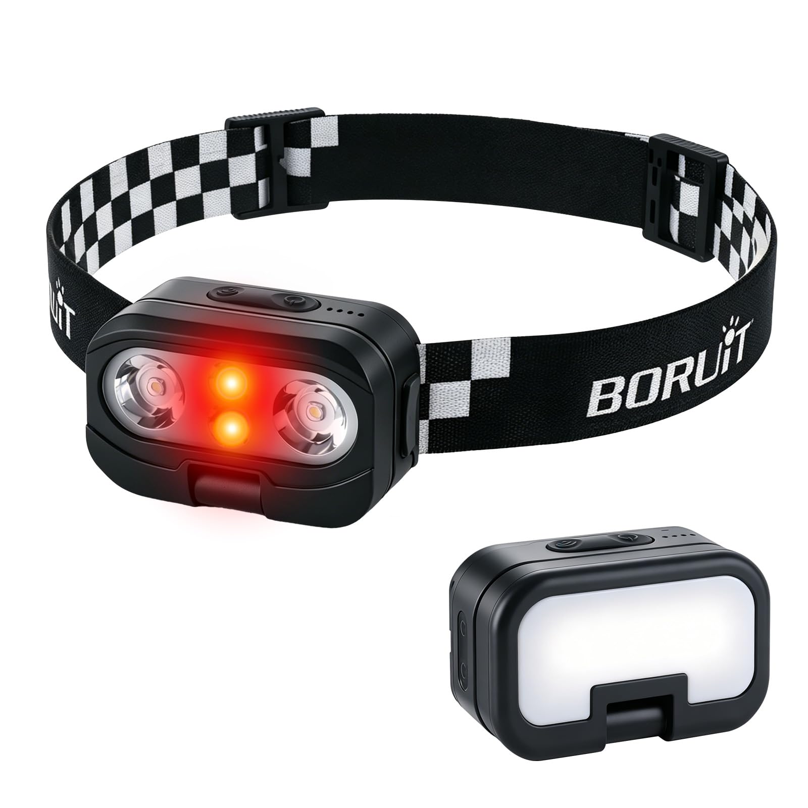 BORUIT Torcia frontale a LED ricaricabile, con sensore super luminoso e zona vicina, luce bianca calda, luce rossa, impermeabile IP66, mini torcia frontale per jogging, campeggio, pesca, ecc.