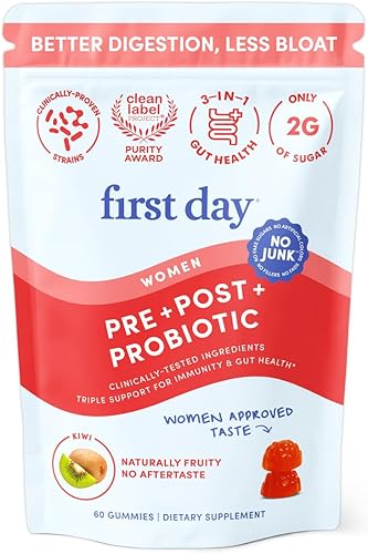 FIRST DAY Gomitas tribióticas Good Gut para mujer, suplemento prebiótico, probiótico y postbiótico 3 en 1, apoya la función inmunológica y la salud