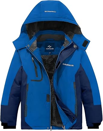 FARVALUE Boys Waterproof Ski Jacket Windproof Winter Coat Warm Snow Coat Outdoor Raincoats with Removable Hood