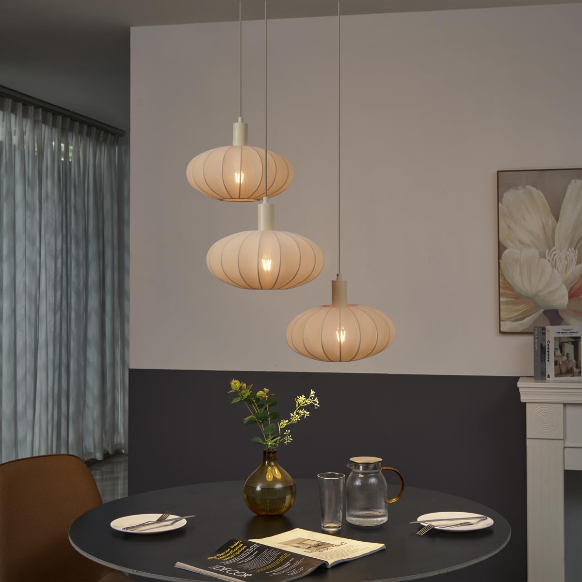 Qazqa Esstisch Japandi Pendelleuchte, Pendellampe - Bida - Beige, Rund, 3-flammig, 68cm, Ideal als Esszimmerlampe