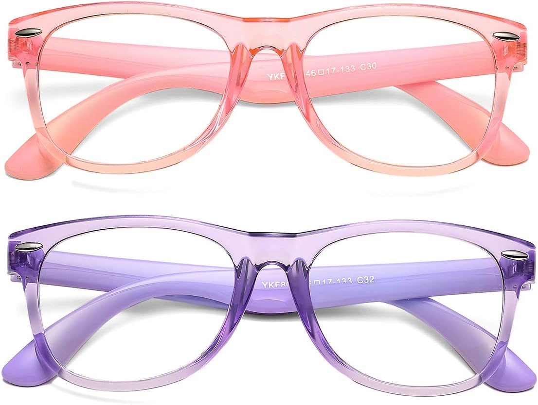 AZorb Kids Blue Light Blocking Glasses 2 Pack Unbreakable Frame for Boys & Girls-2 Pack(Transparent Pink+Transparent Purple)