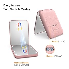Kintion Rechargeable Pocket Mirror, Double Sided 1X/3X Magnification Compact Vanity Mirror, 3 Color Lights, Dimmable, Small and Portable Lighted Travel Mirror for Women Gifts, Wheat Straw Pink