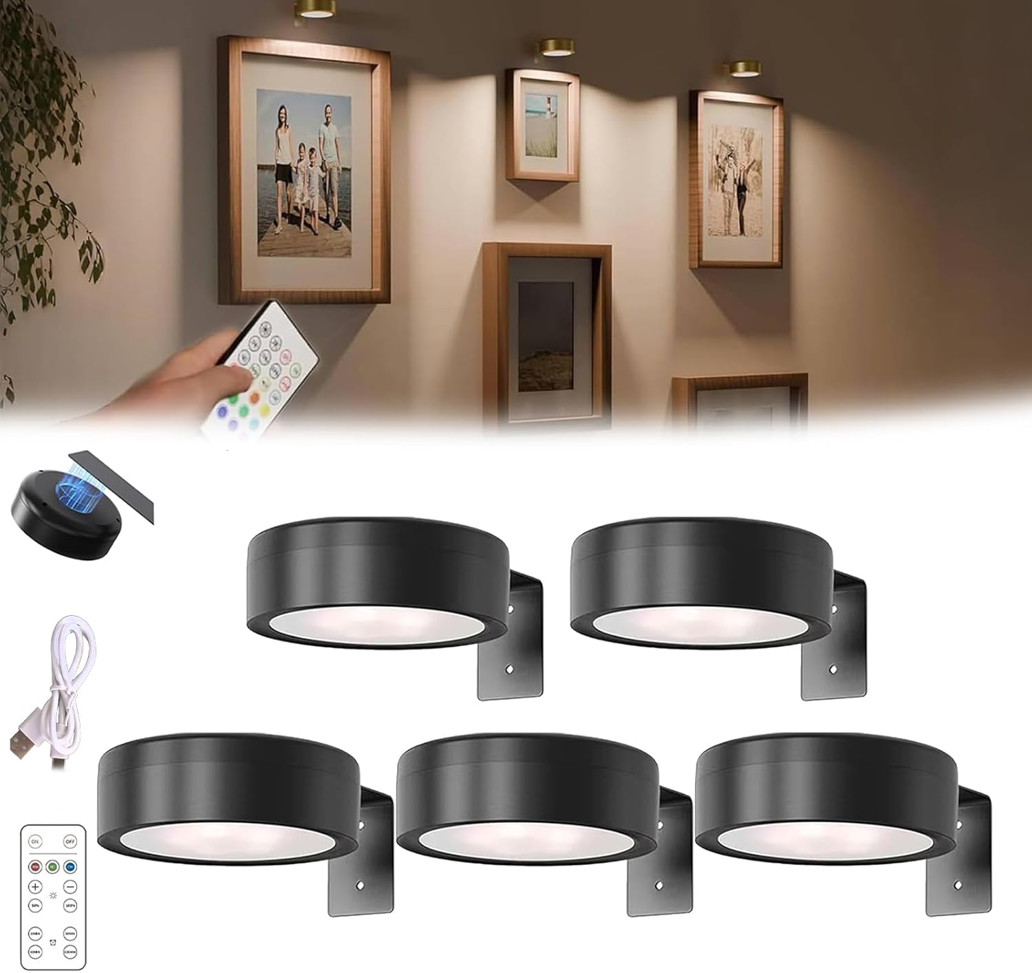 Lights of Sweden Wall Lights, LightsofSweden Infinity Wall Lamp with Remote, Rechargeable Mounted Sconces with 3 Color Temps & Remote, No Drill Magnetic, Adjustable Brightness (Gold,5pcs)