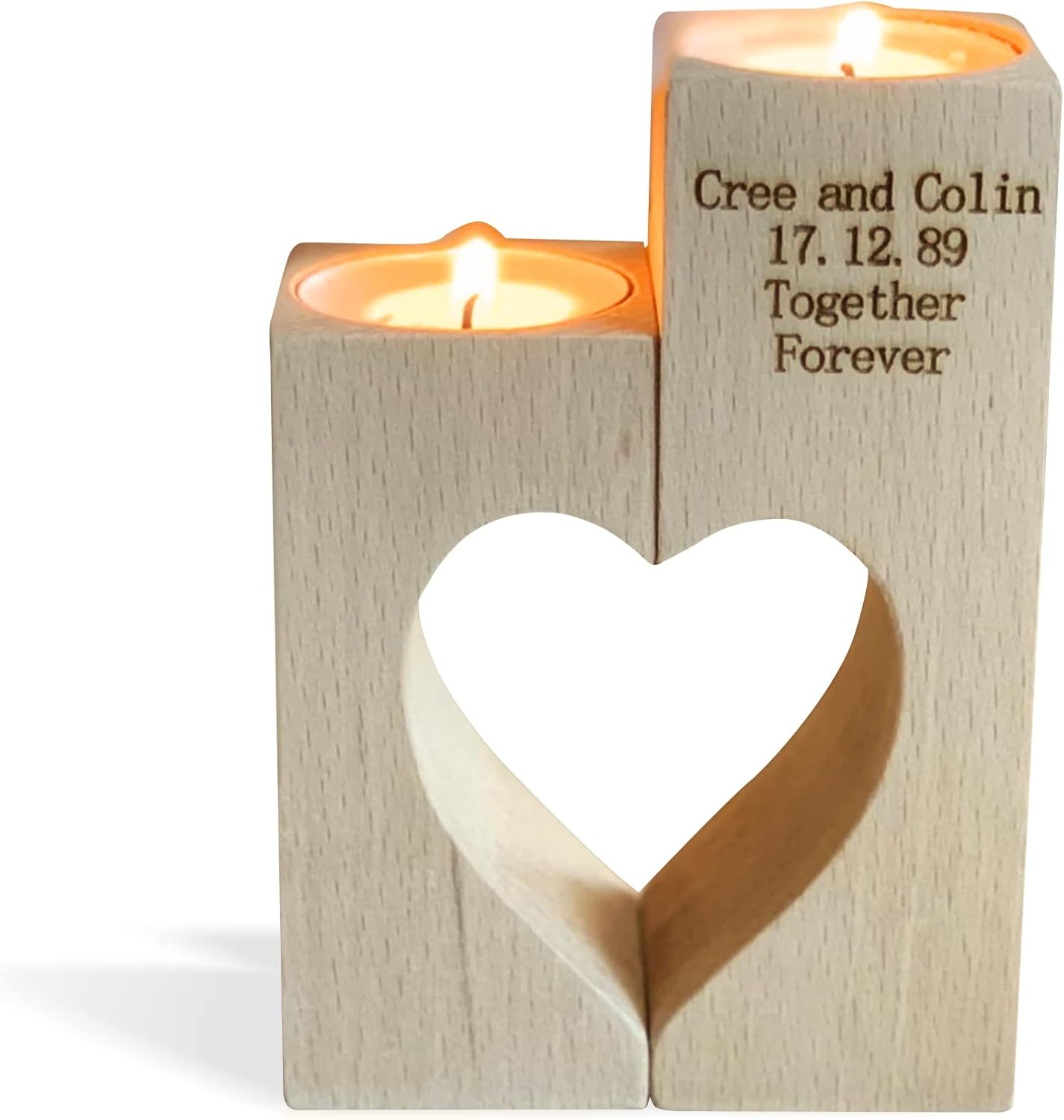 Personalized Wooden Candle Holder - Custom Engraved Names and Date, Rustic Heart Tea Light, Wedding Gift & Home Decor