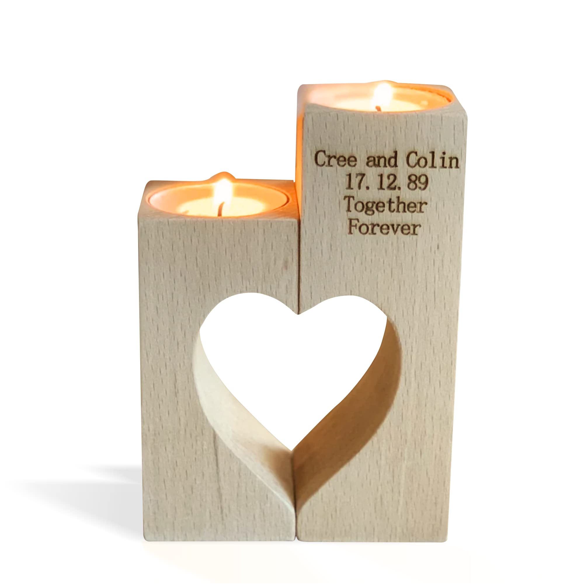 2 piezas Personalizado Portavelas Forma de Corazón con Grabado nombres y fecha, Velas Madera Decorativas, Candelabros, San Valentín Cumpleaños, Aniversario Decoración del Hogar, Boda Rústico Romántica