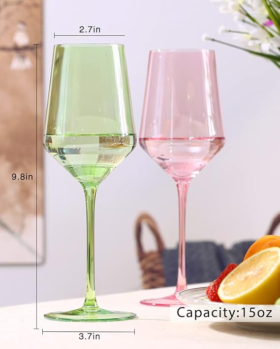 Pink Wine Glasses Set of 6- Modern Crystal Hand Blown Wine Glass-15 oz,Thin Rim,Long Stem,Perfect for Red or White,Daily Use,Unique Wedding,Birthday gift