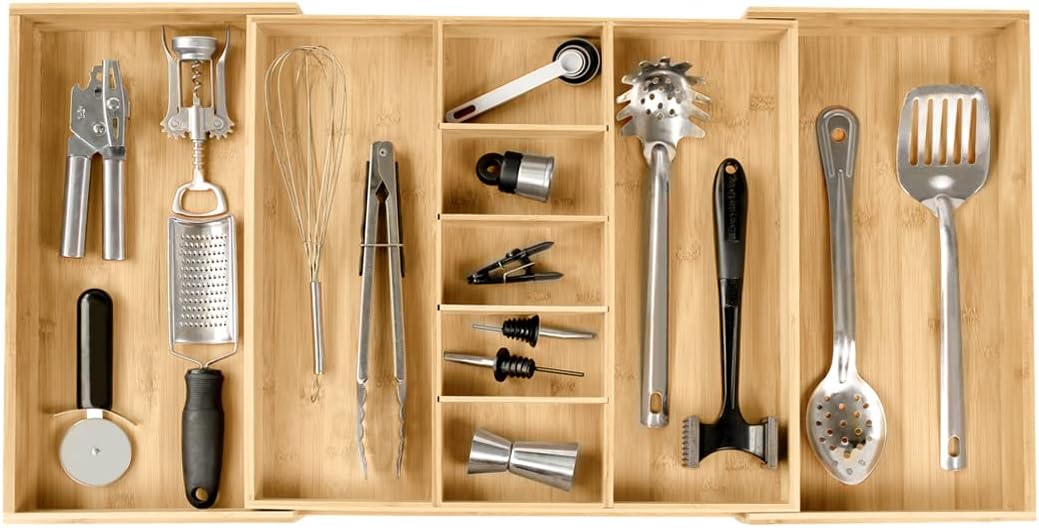 KitchenEdge Adjustable Kitchen Drawer Organiser for Utensils and Junk, Expandable to 33 Inches Wide, 9 Compartments, 100% Bamboo