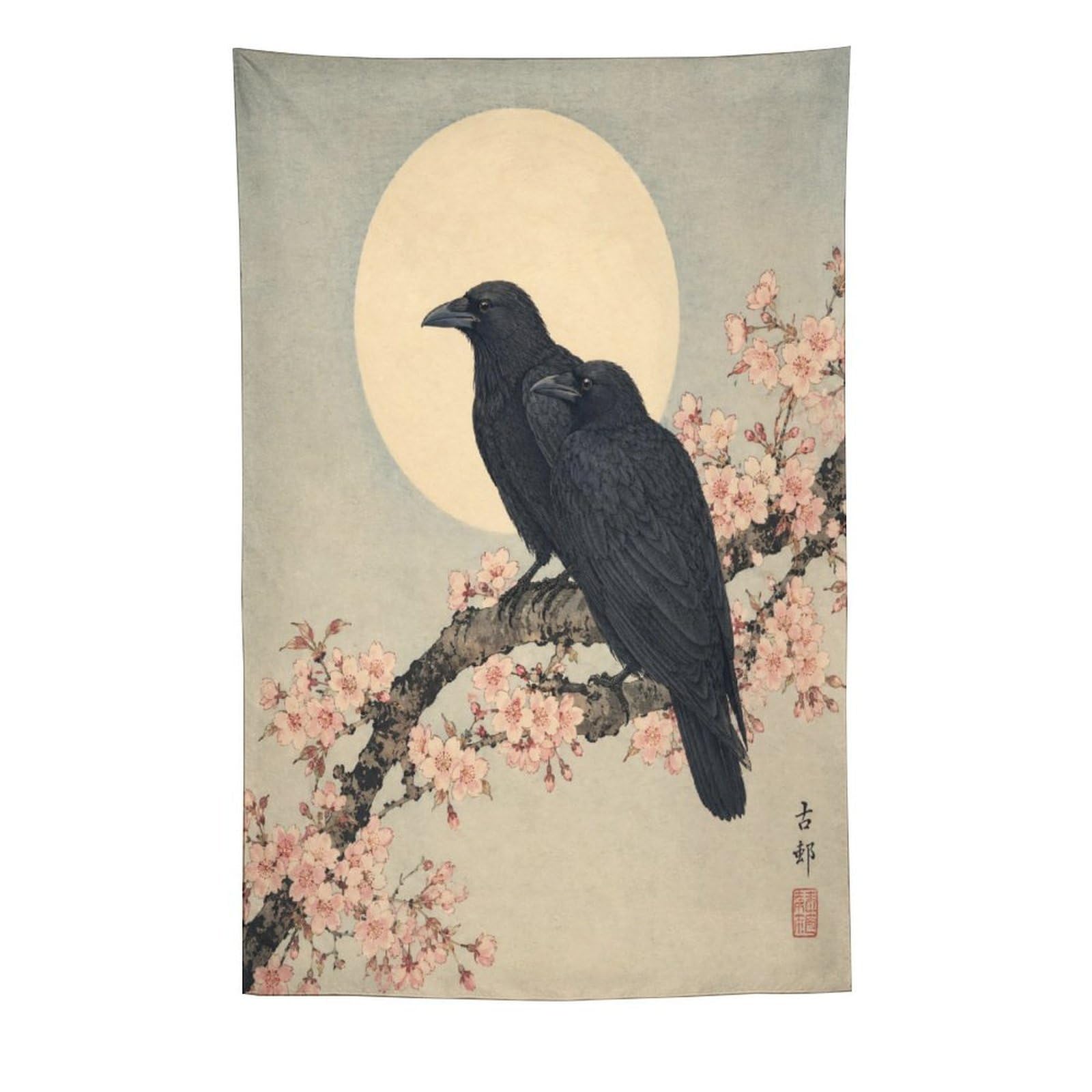 H3B8U2Y5 Raven Silhouette and Moon Wall Tapestry, Ukiyo-e, Ceiling Hanging