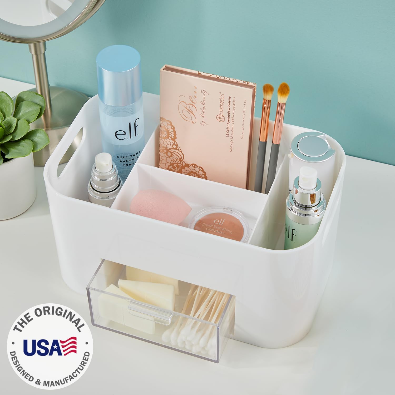 STORi Bliss 4-Compartment Plastic Vanity Organizer with Small Accessory Drawer in Cloud White | Rectangular Makeup, Skincare, & Cosmetic Storage Bin with Pass-Through Handles | Made in USA