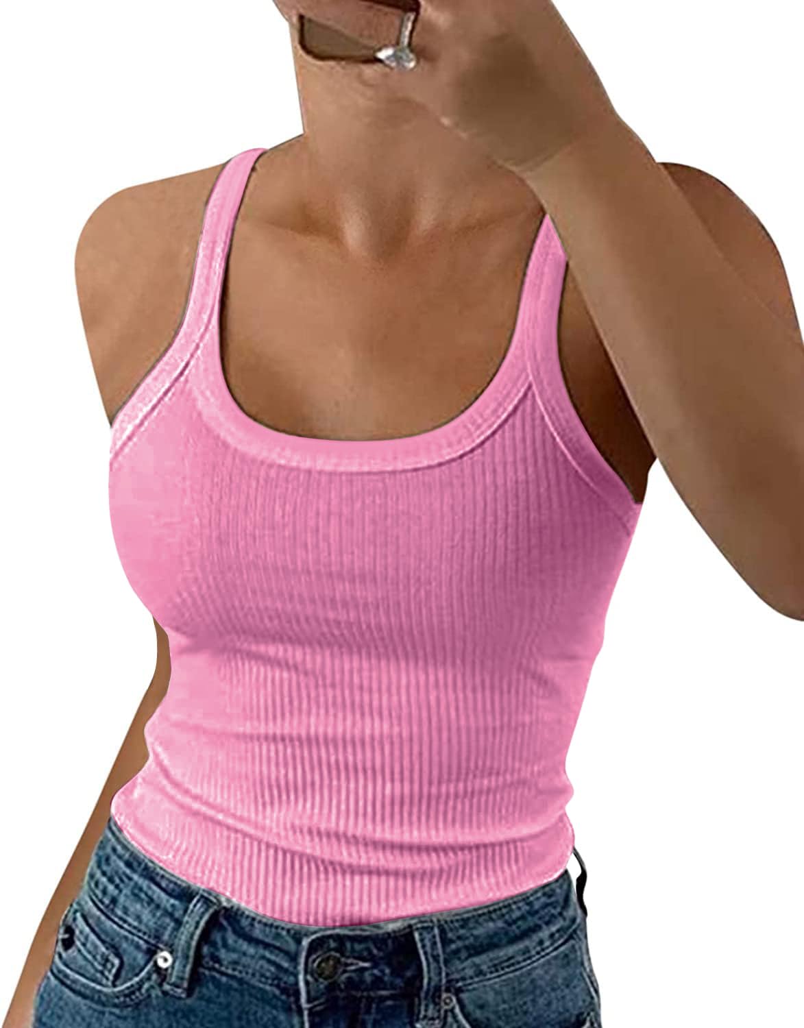 DUOEASE Spaghetti Top Damen Sommer 2025 Gerippt Rundhals Tank Top Basic Einfarbig Slim Fit Stretch Top