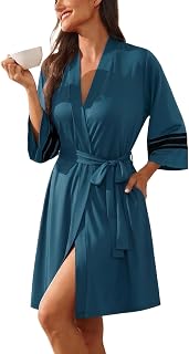 Ekouaer Womens Robe Lightweight 3/4 Sleeve Soft Knit Bathrobe Sleepwear | Ultra-soft knit fabric, 3/4 sleeves with striped cuffs, 2 side pockets, a belt, knee-length hem. A top choice for Loungewear.