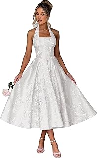 Satin Floral Jacquard Prom Dress for Women 2025 Halter A Line Formal Evening Gowns with Pockets - Buy now