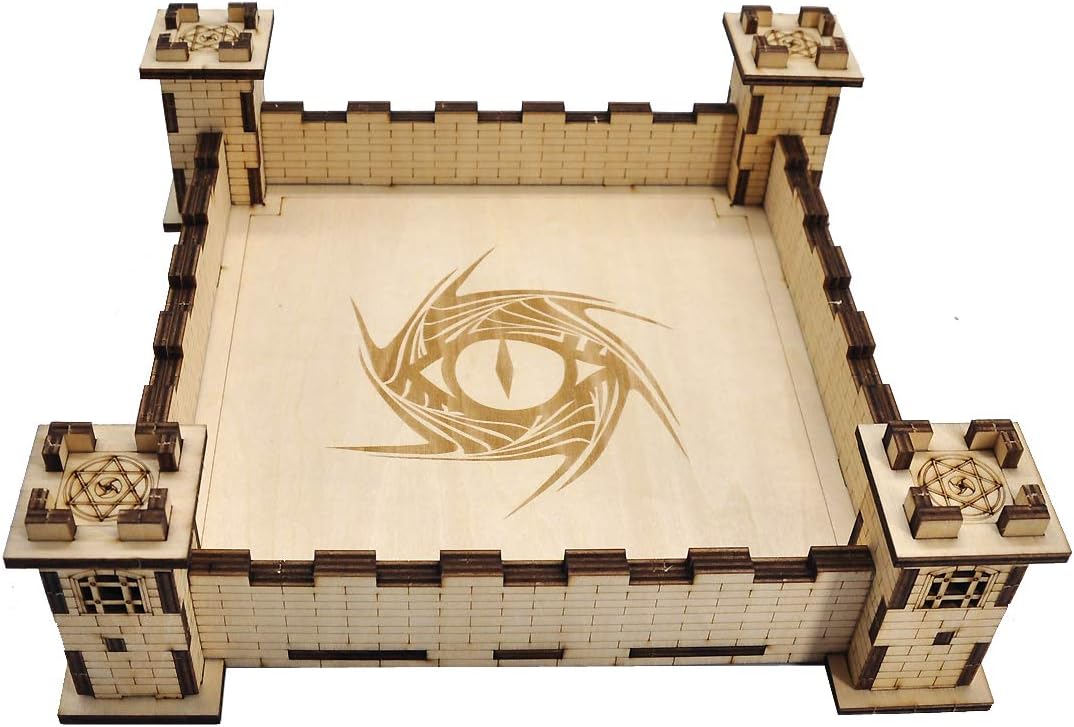 DIY Wood Square Dice Holder Cool 3D Castle Design Carved Dragon Eye - Easy Rolling Dice Tray for DND, RPG and Board Game