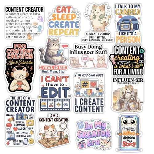 HOSALA (15Pcs-3in) Content Creator Sticker Pack, Blogging Vlog Streamer Influencer Sticker, Blogger Influencer Content Creator Gift, Marketing Decoration For Laptop Tablet Water Bottle Helmet Vehicles