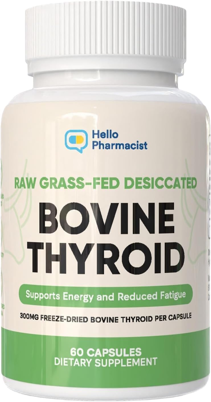 Raw Desiccated Bovine Thyroid 300mg Per Capsule - Energy & Metabolism Support - New Zealand Sourced, Grass Fed Freeze-Dried Glandular Bovine Beef Thyroid, Non-GMO, Tested for Impurities - 60 Capsules