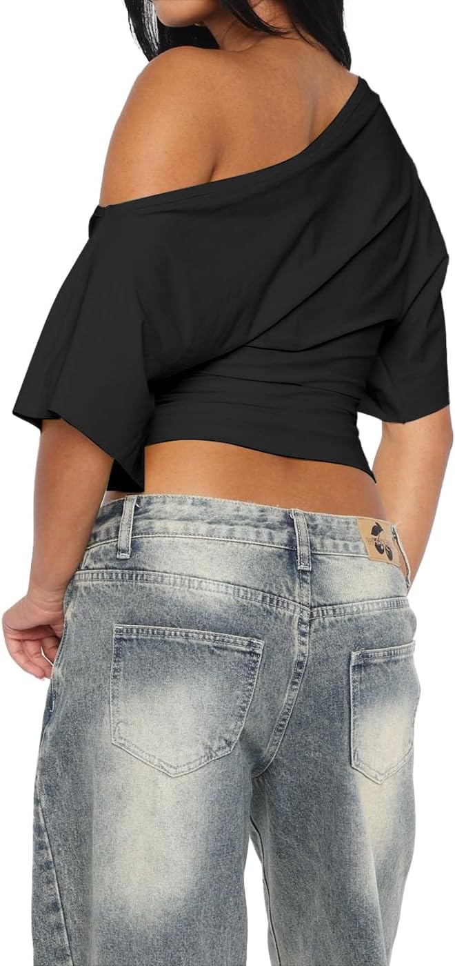 Dressmine Women's Off The Shoulder Side Ruched Crop Top Asymmetrical Short Sleeve Summer Going Out Blouses Y2K T Shirts