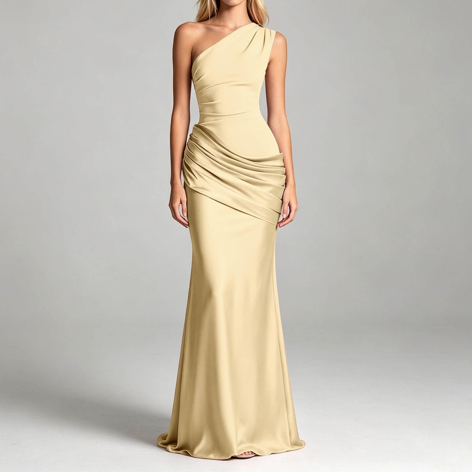 Générique Robe midi Moulante asymétrique en Satin froncée à épaules dénudées pour Femme, Coupe ajustée, idéale pour Une soirée élégante.