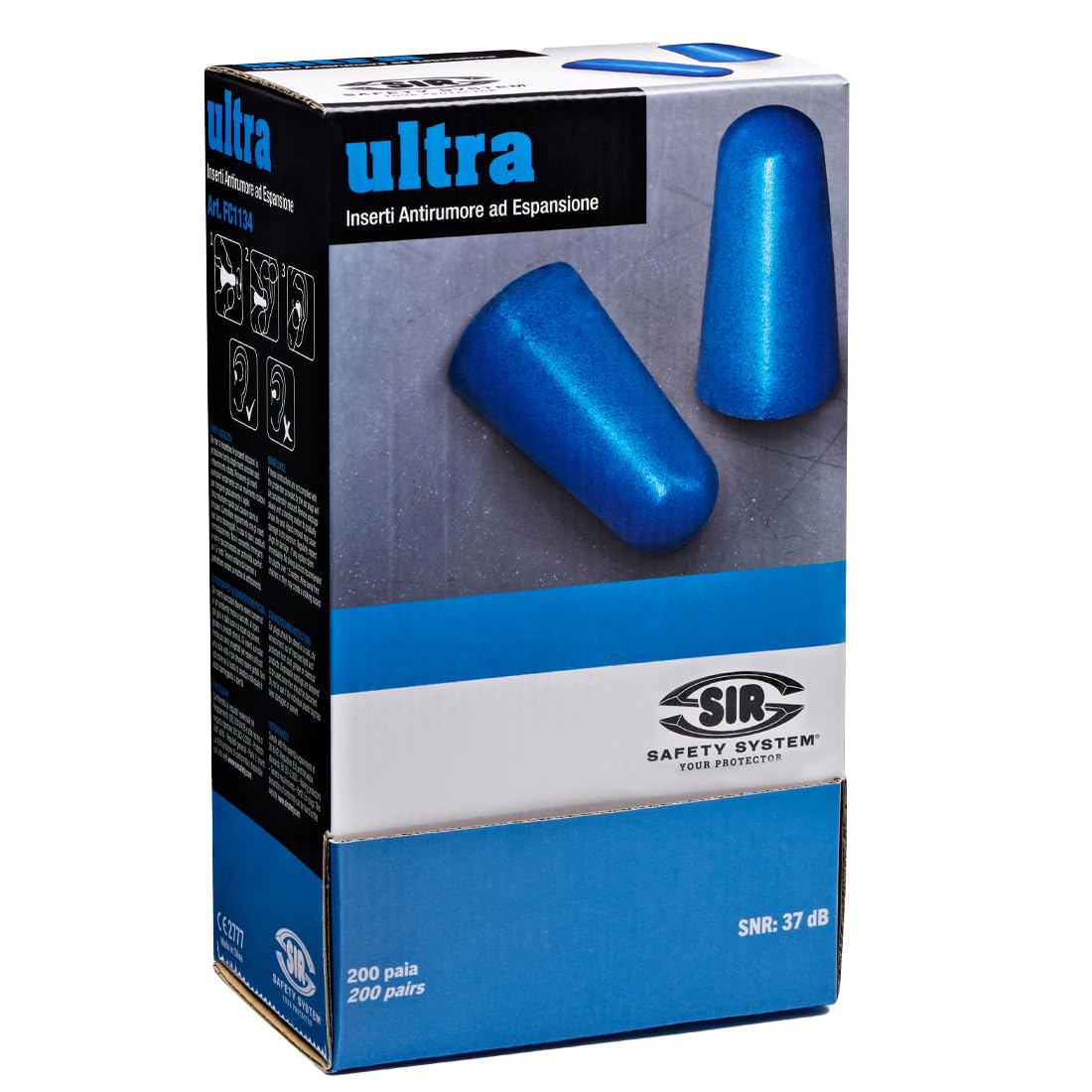Sir Safety System Ultra Inserti Antirumore, Schiuma Poliuretanica, EN 352-2:2020, SNR 37 dB, 200 Paia, Monouso, U
