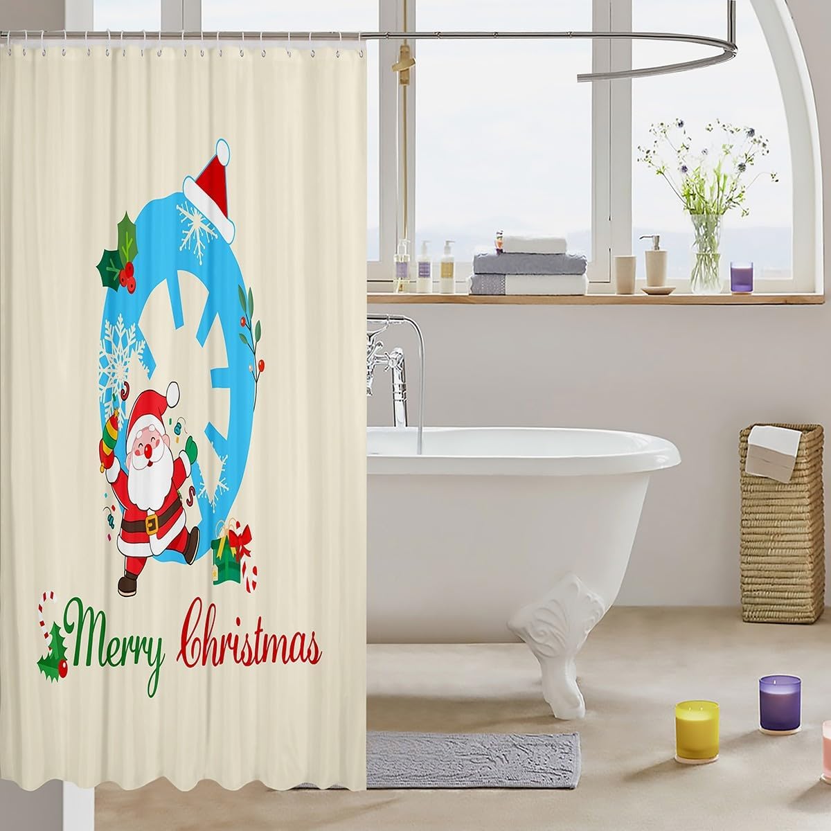 Feelyou Initial Letter O Shower Curtain for Bathroom Personalized Christmas Bath Curtain for Stalls Bathtubs Cute Santa Claus Bathroom Accessories Waterproof Polyester Fabric with 12 Hooks 72"x72" image 3
