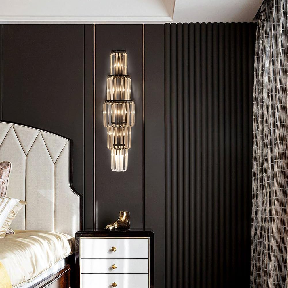 29.5 inch Modern Wall Sconce Crystal Vanity Wall Sconce Lighting 5-Light Black Wall Light Fixtures for Bedroom Living Room Bathroom Hallway