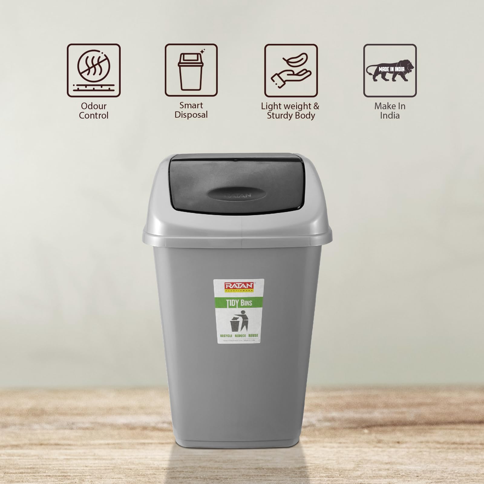 RATAN PLASTICWARE Tidy Bin with Swing Lid 15 Litres Plastic Dustbin, Trash Bin, Garbage Waste Bin For Home, Bathroom, Kitchen, Office, Bedroom Grey Color 2