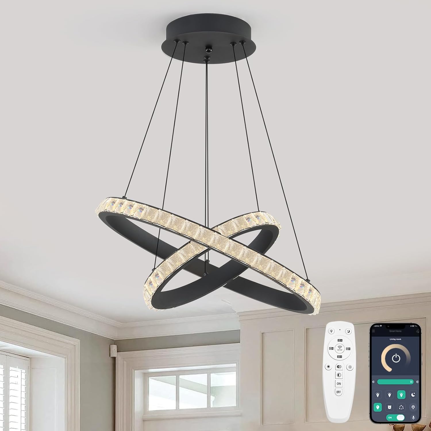 Modern Luxury LED Ring Chandelier with Remote, Dimmable Double Crystal Rings Pendant LIght, Adjustable Height , Flicker-Free High-CRI Ceiling Light, Pre-Assembled for Dining Room Living Room Bedroom