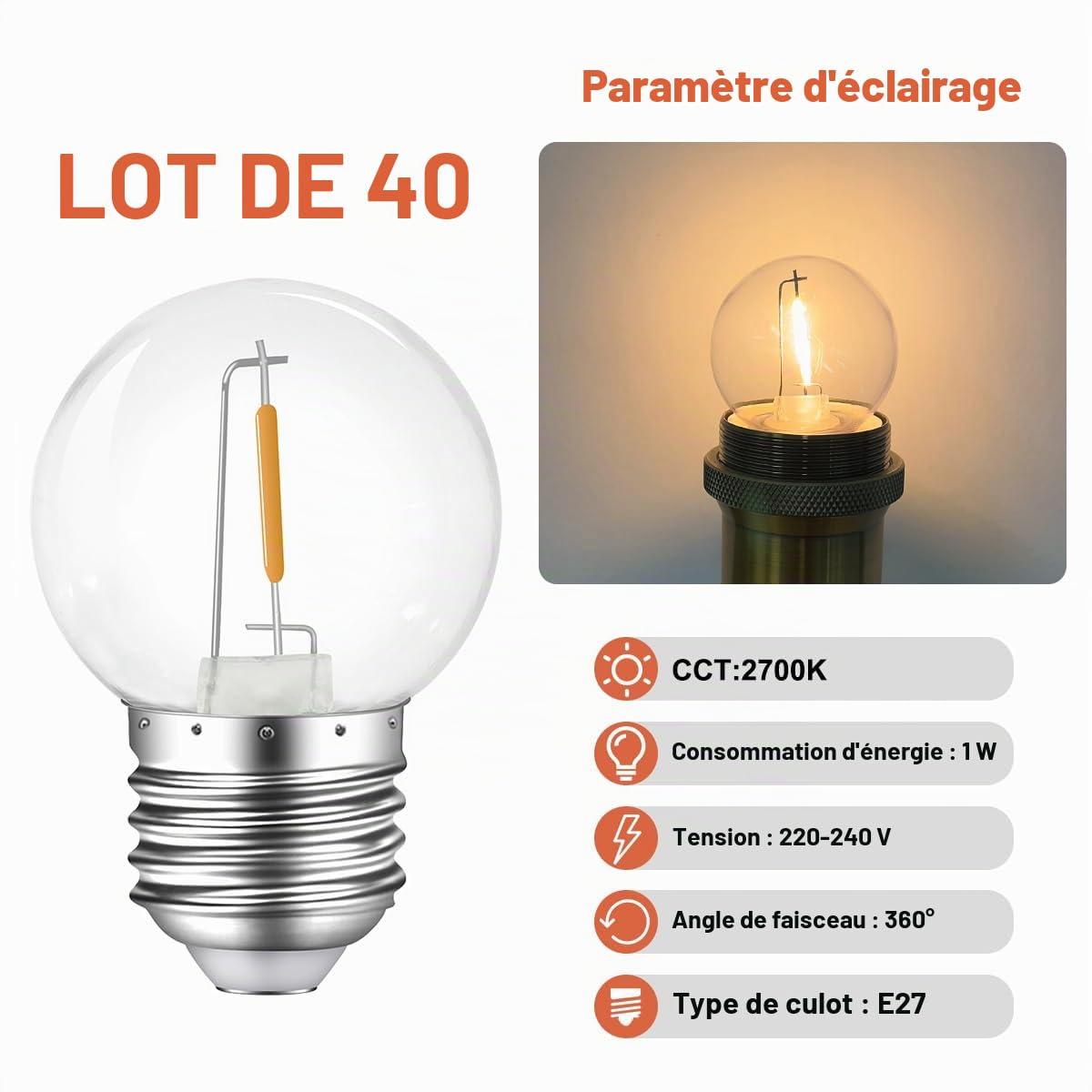 Lot de 40 Ampoule LED E27 1W,Ampoules LED E27,Ampoule à Blanc Chaud 2700K,Équivalent Ampoules 5W,Plastique,Non Dimmable