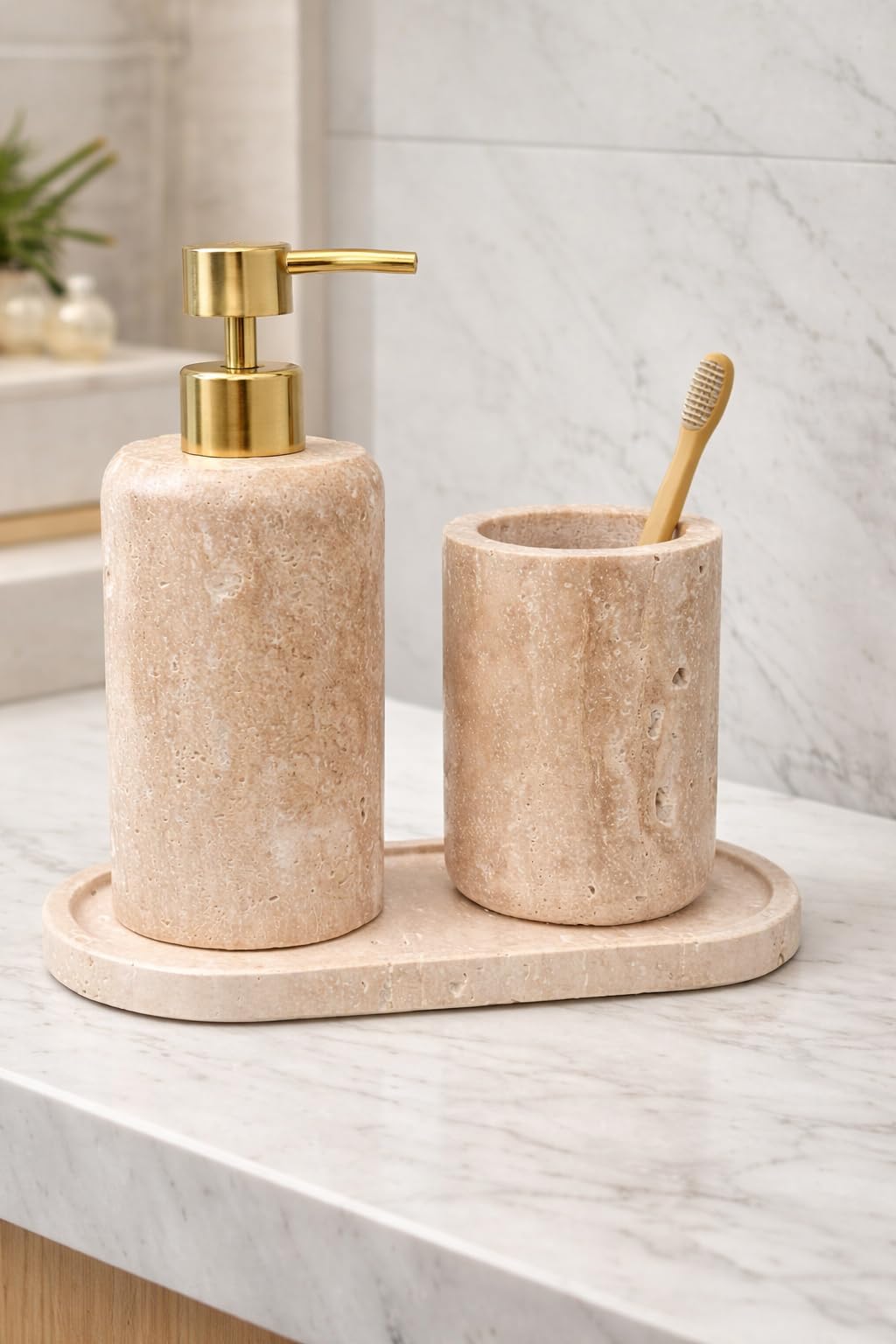 Travertine Marble 'Export Quality' 3 pcs Bath Accessories Set Counter top Soap or Lotion Dispenser W/Tray & Accessory Holder *Made in India* Mfr by GRD International-image-27