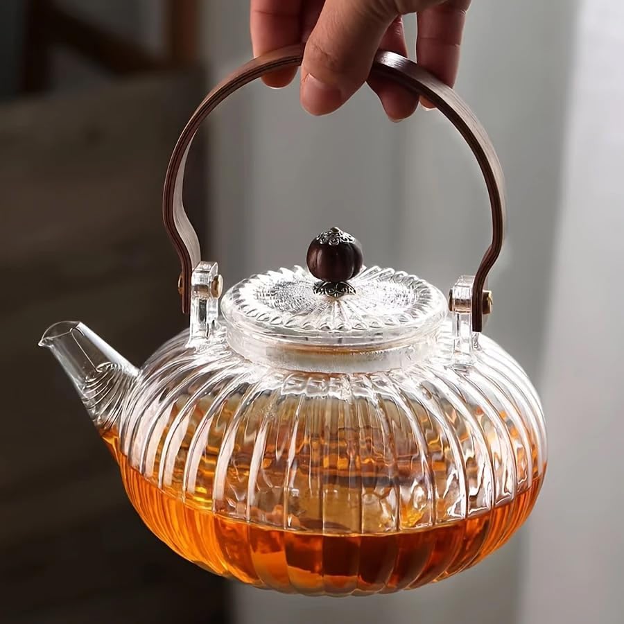 Image of Premium Glass Teapot 1000ml for Loose Leaf Tea - Heat Resistant Borosilicate Kettle with Wooden Handle, Removable Filter & Drip-Free Spout, Ideal for Green, Black Tea