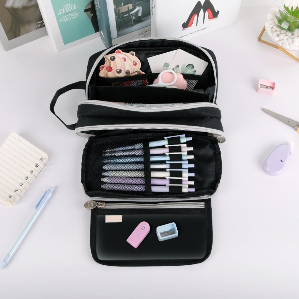 iSuperb Large Capacity Pencil Case, Multi Compartment Pencil Pouch with Zipper, Wide Opening Pen Bag Organizer for Men Women Office (Black‌) image 2