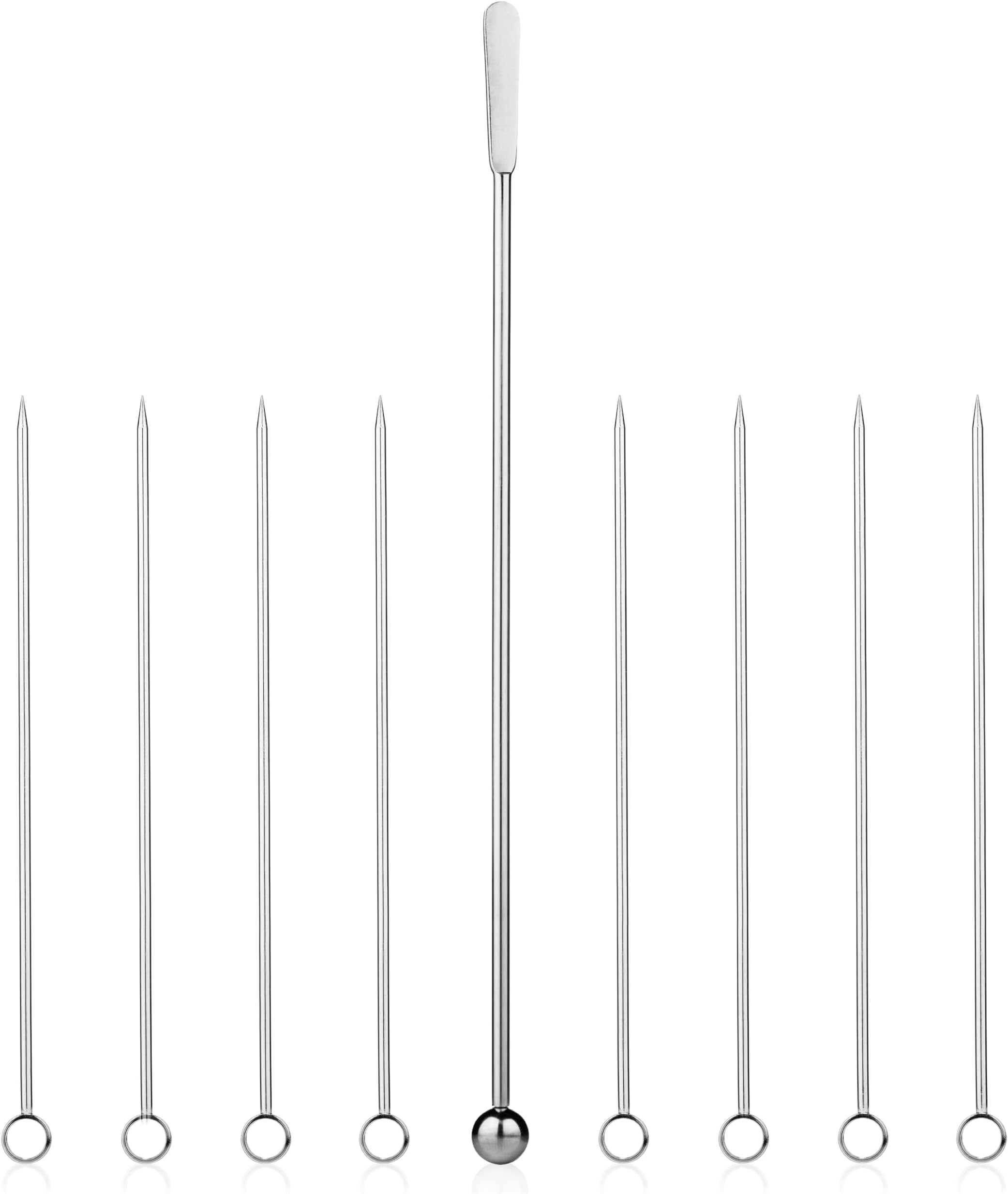 5 inch Stainless Steel Picks (set of 8) and Swizzle Stick - Ideal Olive Skewers - Will Not Drown in Your Martinis, Cocktails, and Bloody Mary