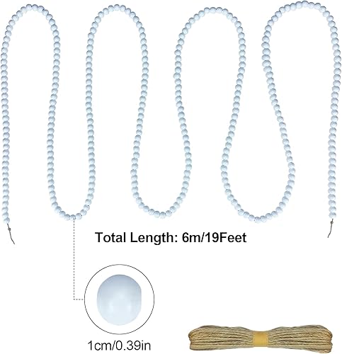 Miniatura 4 de Guirnalda de cuentas de madera de Navidad de 19 pies, guirnalda de cuentas de madera redonda blanca brillante con 10 piezas de manualidades de