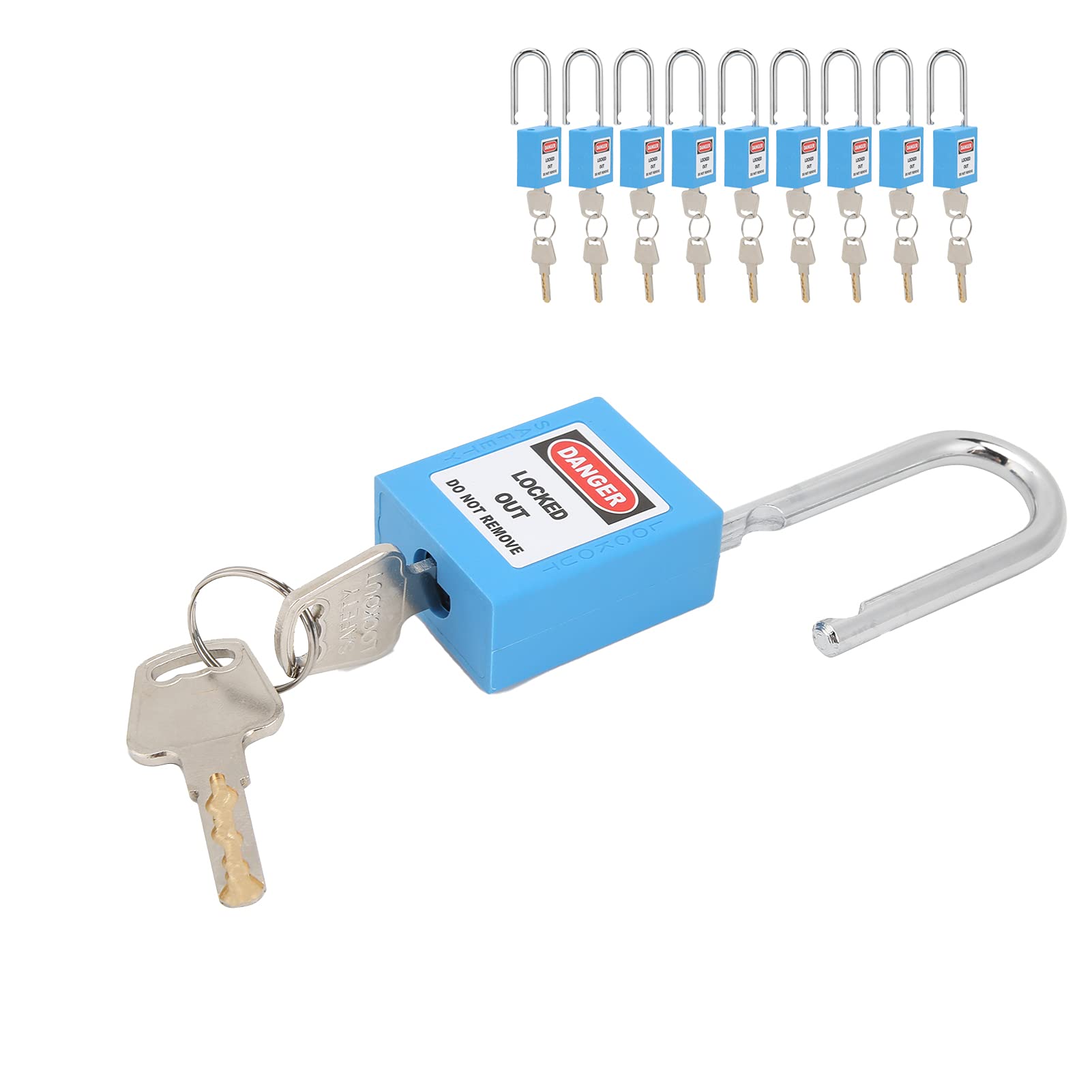 Cerraduras de bloqueo y etiquetado 10 juegos Candados de seguridad Cerradura anticorrosión aislada con viga de acero para la industria de fabricación de máquinas(blue)