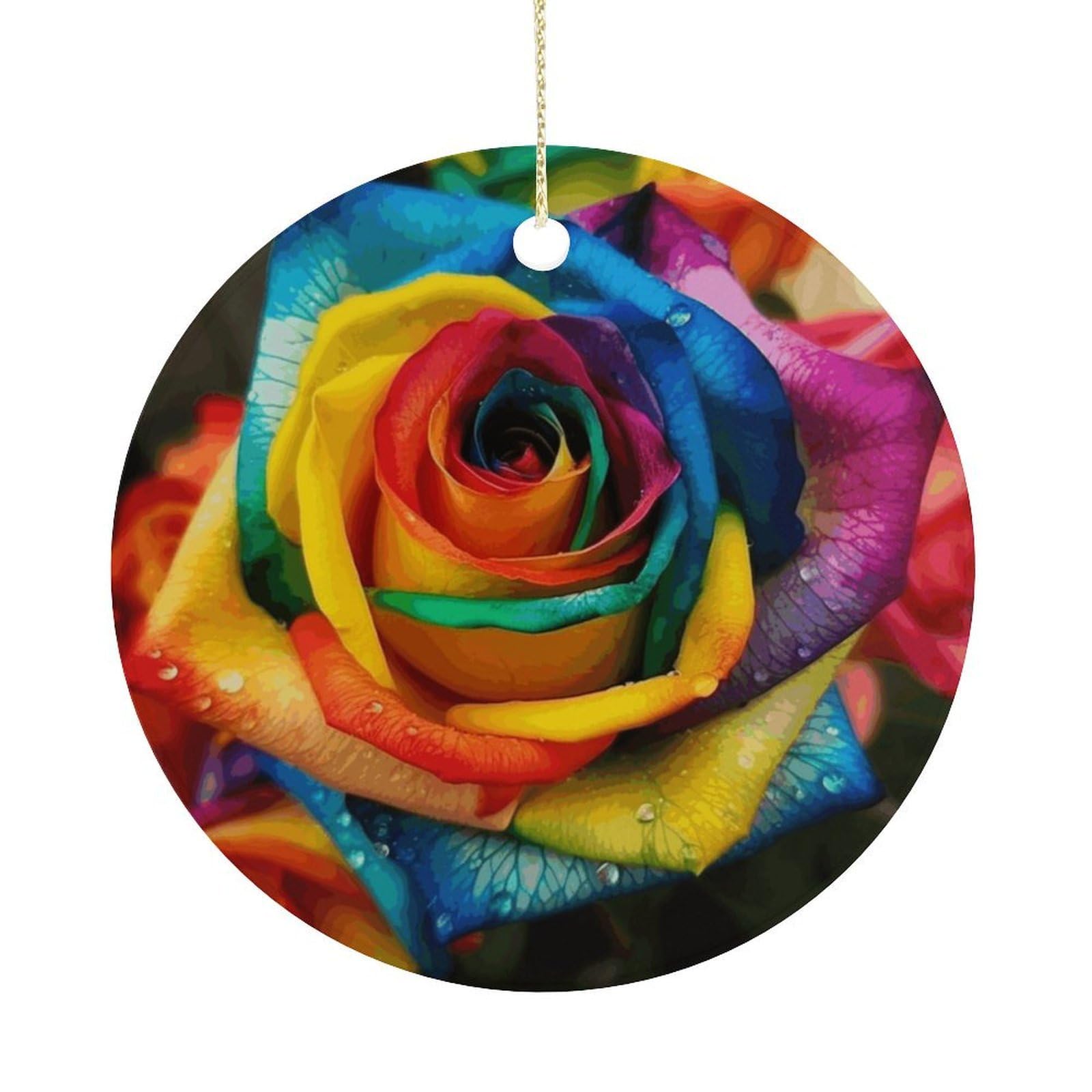 Rainbow Rose Christmas Ornaments Colorful Round Ceramic Ornament Christmas Hanging Decor Christmas Tree Decorations Xmas Keepsake for Women Men Xmas Holiday Party