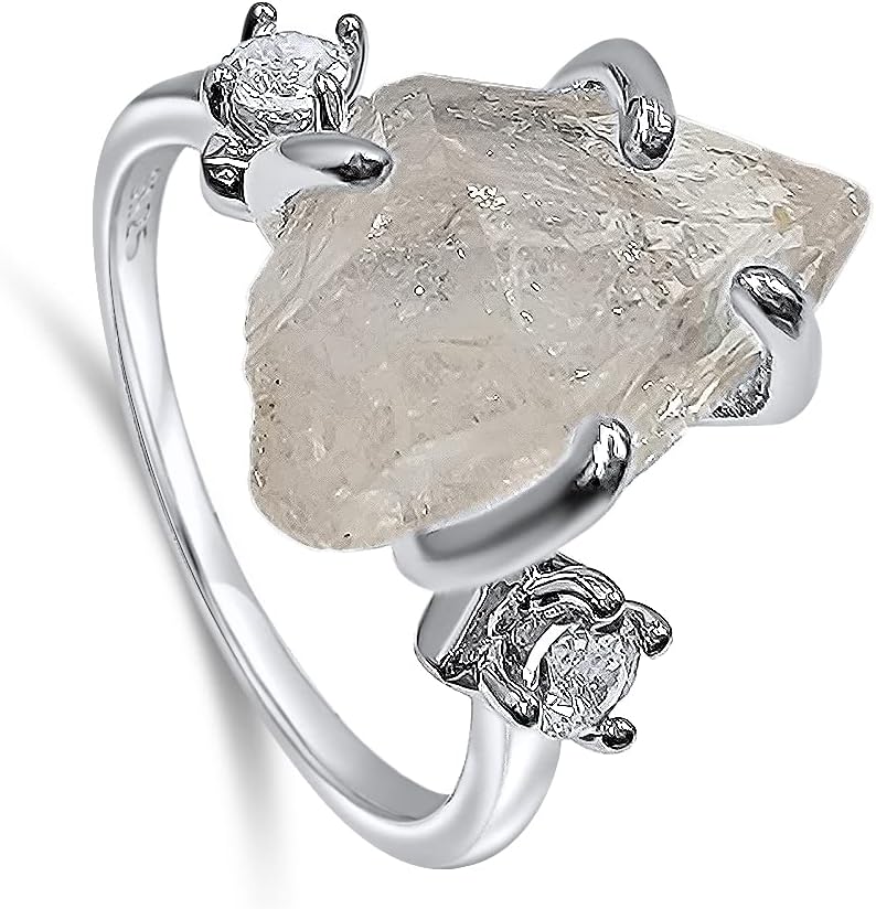 Real Raw Crystal Ring Birthstone sterling silver White Gold statement Jewelry gift for her Christmas Mothers Day Birthday Valentine Statement Ring Gift Uniquelan Jewelry