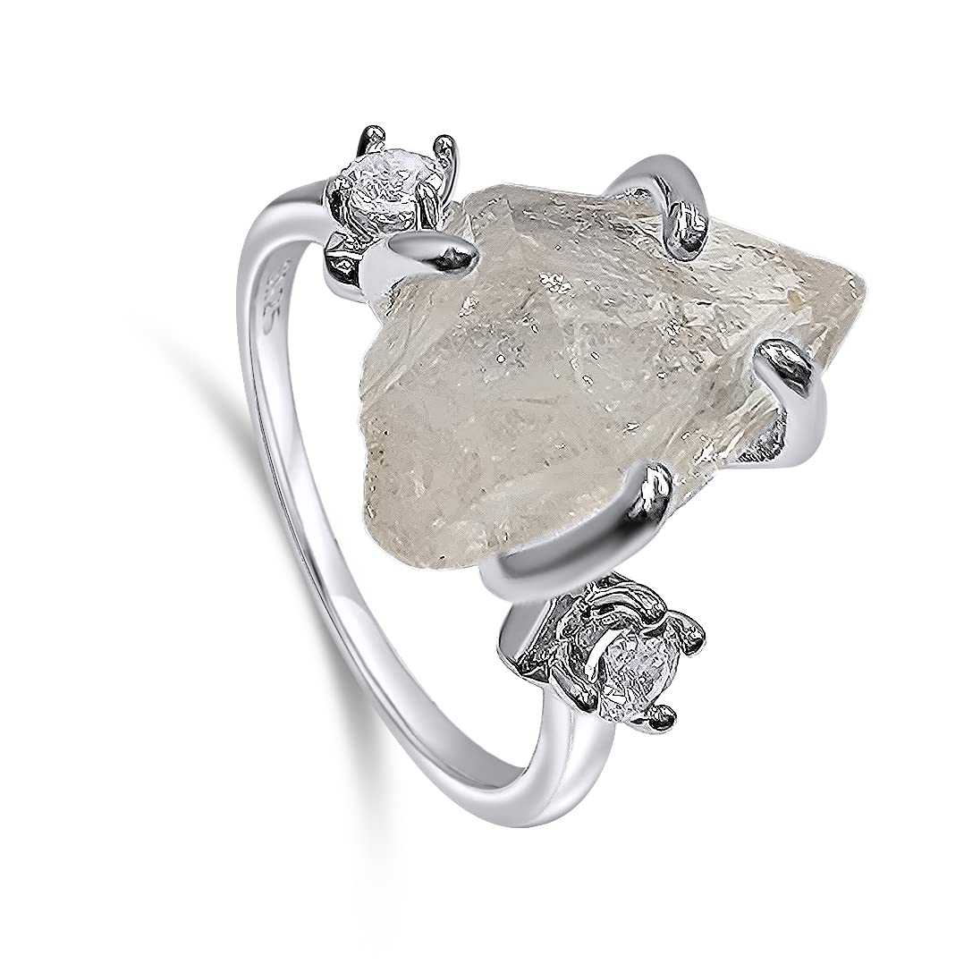 Real Raw Crystal Ring Birthstone sterling silver White Gold statement Jewelry gift for her Christmas Mothers Day Birthday Valentine Statement Ring Gift Uniquelan Jewelry (Herkimer-diamond, 6)