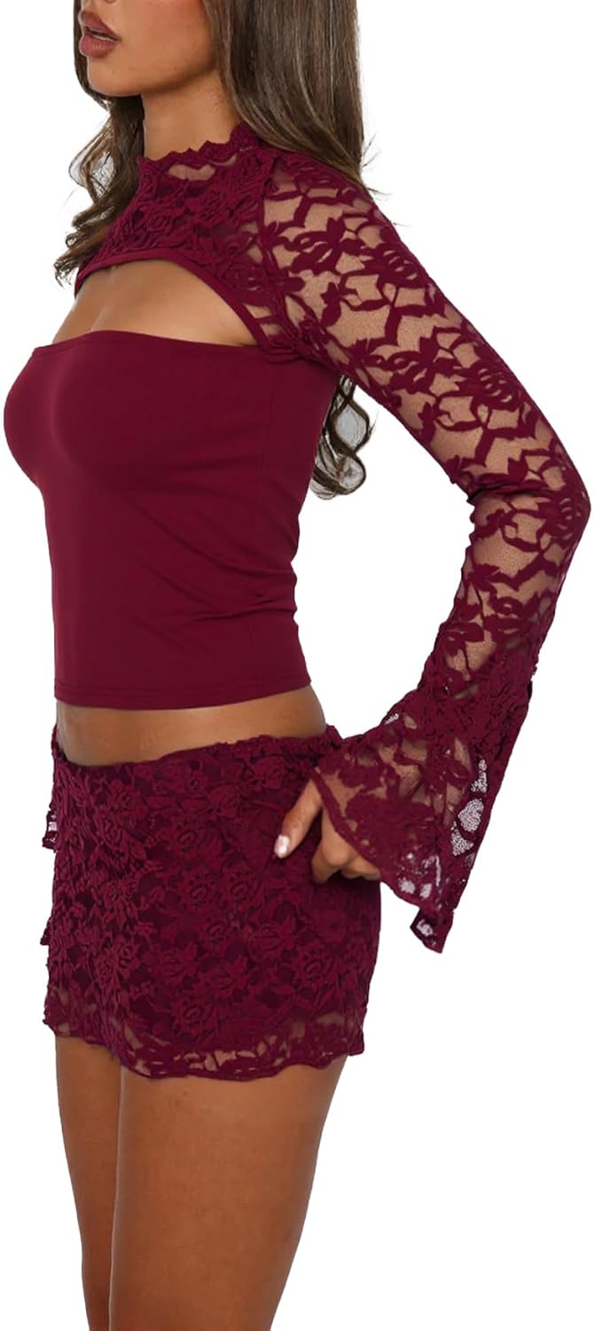 Womens Sexy 2 Piece Mini Skirt Set Long Sleeve Lace Cutout Top Double Lace Mini Bodycon Skirt Y2K Going Out Outfits - Image 2