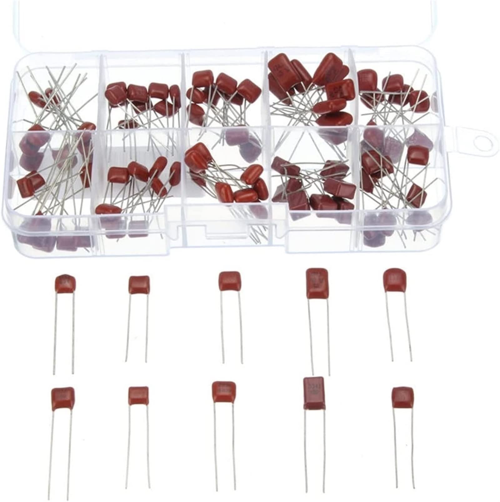 Kit de condensadores 100pcs / lot 10nF ~ 470nF Kit de surtido de condensadores de película de poliéster metalizado Muestras de alta precisión y estabilidad Conjunto de condensadores CBB Industrial Ele