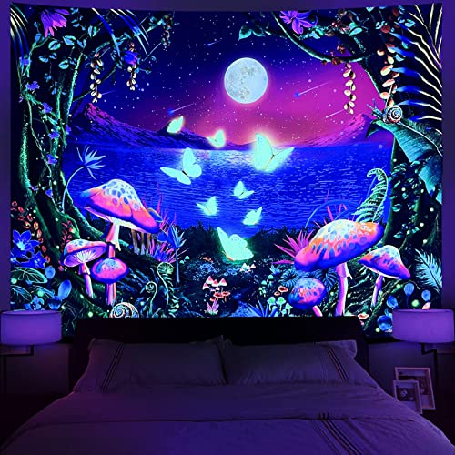 Fungarth Blacklight Fantasy Forest Tapestry For Bedroom Aesthetic Hippie Mushroom Butterfly Moon Flower Tapestry Wall Hanging Uv Tapestries For Living Room Dorm (Green, 48” X 36”) #TOP1