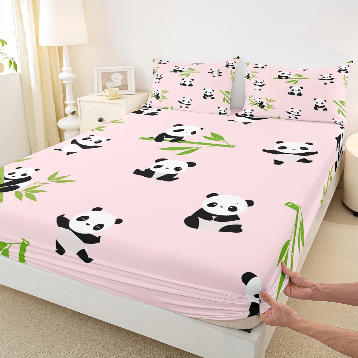 Panda Fitted Sheet Kids Cute Animal Bedding Set for Boys Girls Cute Cartoon Panda Bed Sheet Set Breathable Panda Bear Printed Pink Bed Cover Room Decor Quilt Cover Twin Size