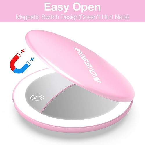 Miniatura 6 de WOBSION Espejo de viaje con luz, espejo de aumento compacto recargable 1x/10x, espejo de bolsillo regulable, tamaño de viaje de 3.5 pulgadas, Rosa