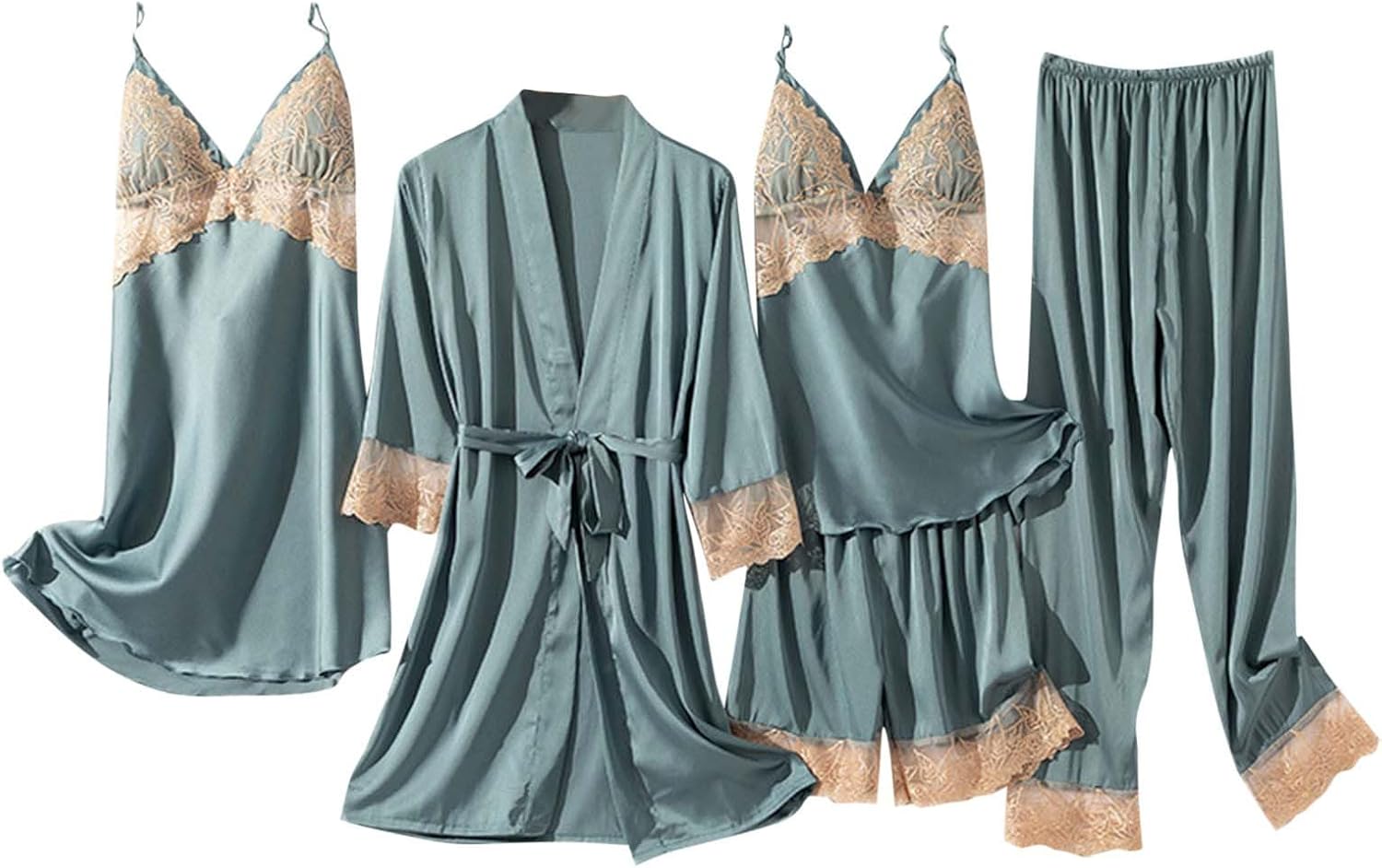 Borniu Women' Silk Satin Pajamas Set 5pcs Lingerie Lace Cami Sleepwear with Robe Sexy Nightwear Lounge Sets A2
