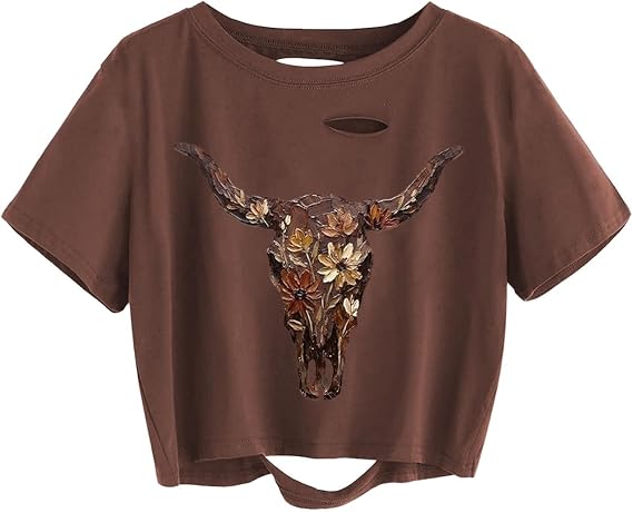 Women Western Cowboy Cowgirl Distressed Ripped Shirt Country Music Sexy Crop Short Sleeve Tee Summer Casual Tops
