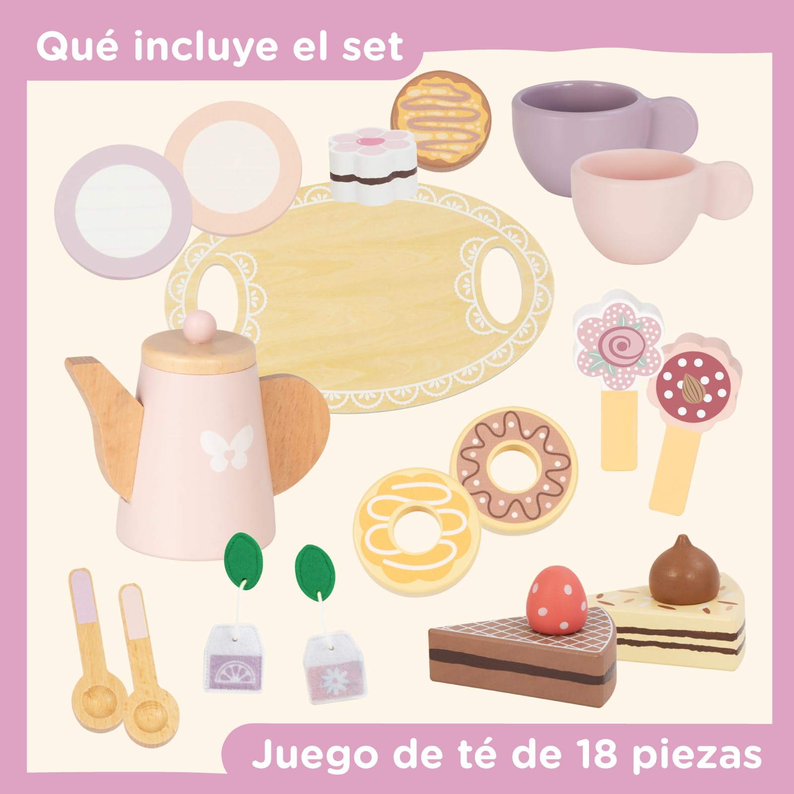 Nene Toys Set de Té de Madera para Niños 2 Años – Juego de Té 18 Piezas con Tetera, Bandeja, 2 Tazas & Cucharitas, Bolsitas de Té & Dulces – Juego Simbólico Montessori, Madera FSC® – Juguete 2–5 Años