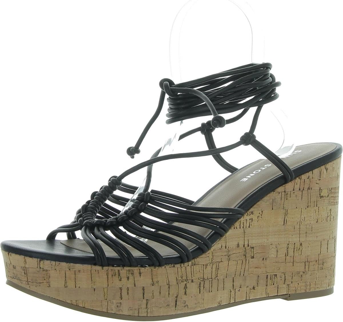Sun + Stone Women's Tillyy Strappy Lace Up Wedge Sandals - Black Smooth: 7.5 Medium (B,M)