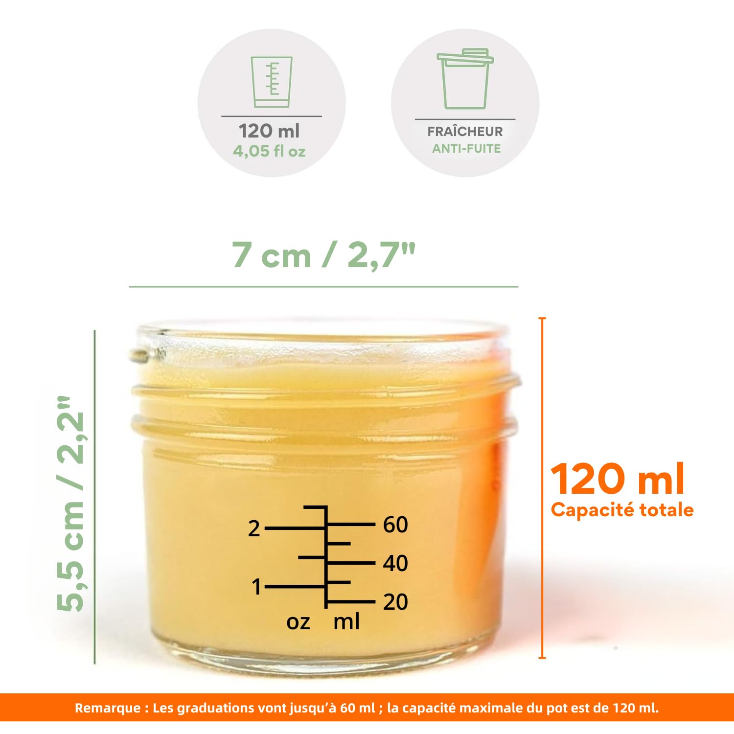 Pot en Verre Bebe 120 ml (Lot de 12) - Pot de Conservation Bebe avec Couvercle Hermétique Adapté au Lave-vaisselle, Congélateur & Micro-Ondes - Sans PBPA, Phthalate, Plomb & PVC