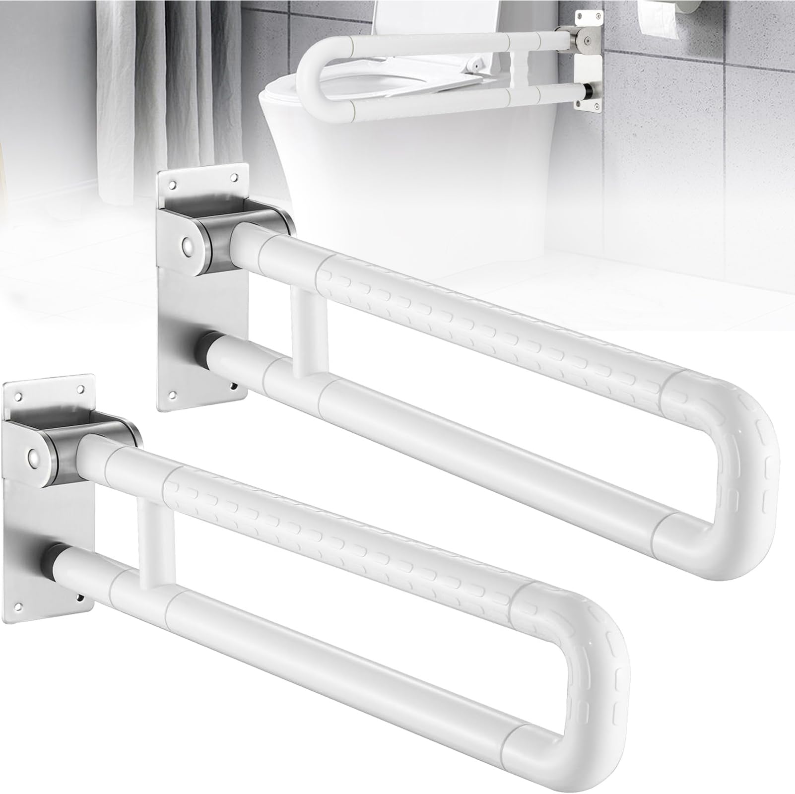 2 asideros de inodoro para personas mayores, ayuda a levantarse, antideslizante, plegable, para personas con discapacidad, capacidad de carga de hasta 200 kg (blanco, 60 cm)