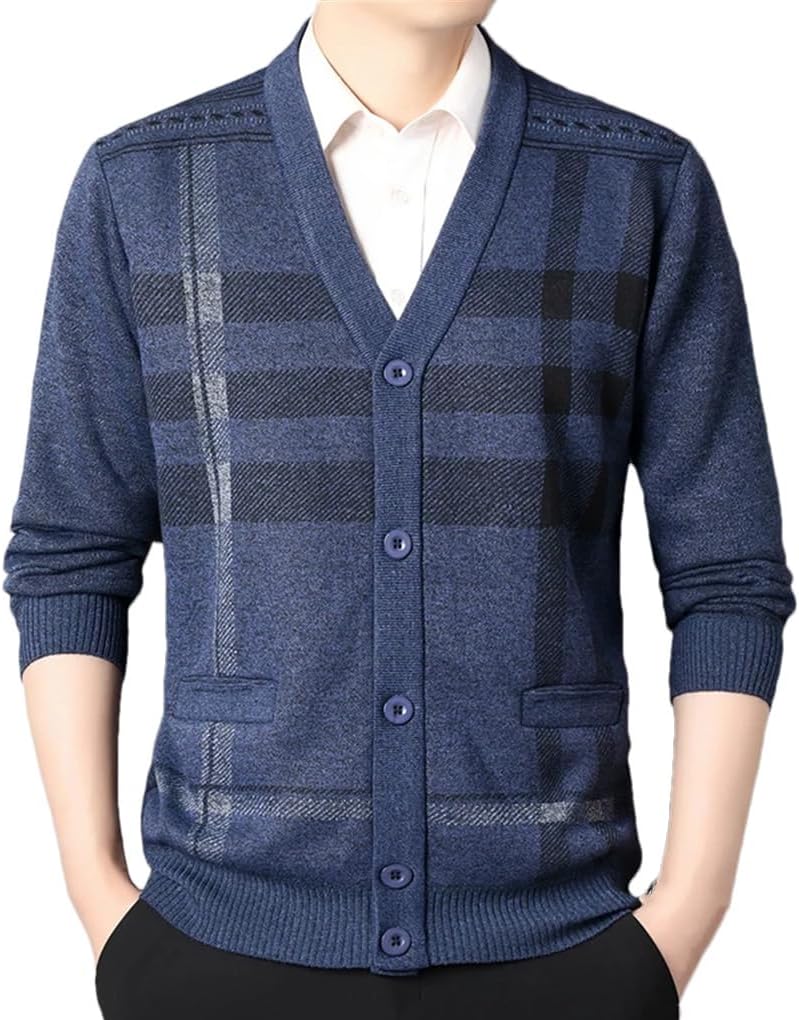 Men's Retro Knitted Cardigan Sweater with Solid Color Plaid Splicing and Casual Button Cardigan Jacket