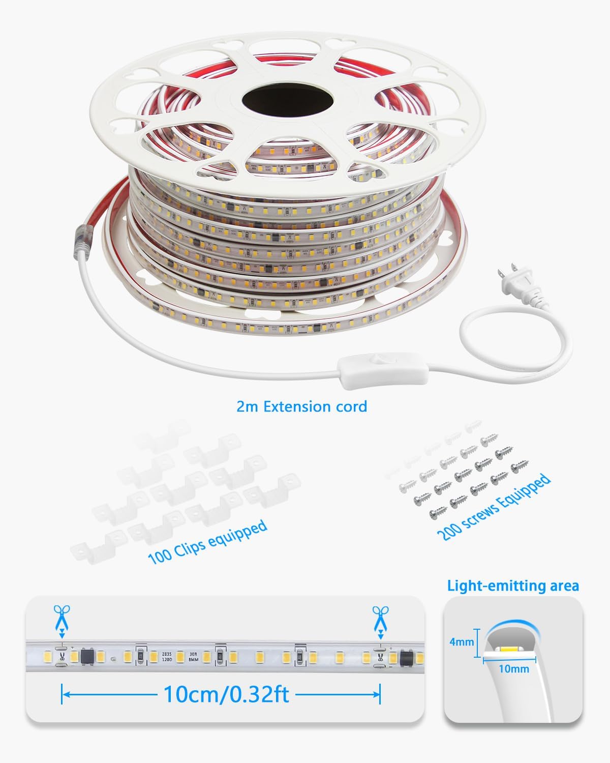 120V LED Strip Lights White 150FT/45M One Roll Waterproof LED Light Strips Outdoor Daylight White 6000K Connectable Strong Adhesive Flexible Super Bright LED Light for Bedroom Decor 120 LEDs/M