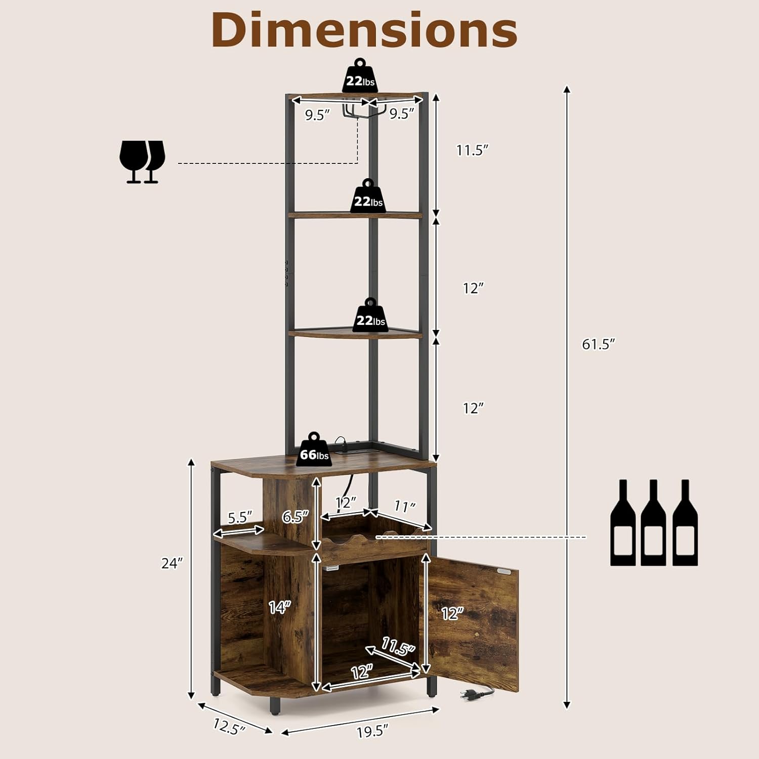 GOFLAME Corner Bar Cabinet with LED Lights & Power Outlet, Glass Holder, Wine Rack, Cabinet, 6-Tier Industrial Wine Cabinet with Door, Corner Storage Cabinet for Liquor, Kitchen, Rustic Brown
